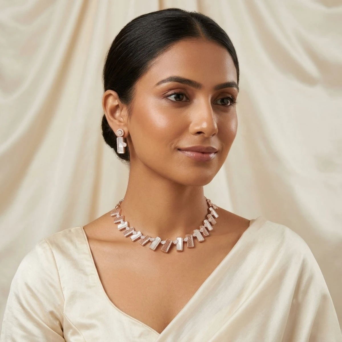 Rose Gold Mother-of-Pearl & Diamond Link Necklace & Earring Set View 2