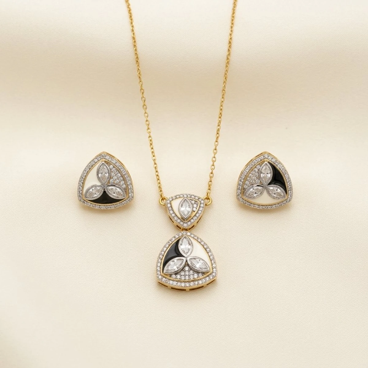 Gold Enamel & Marquise CZ Geometric Jewelry Set
