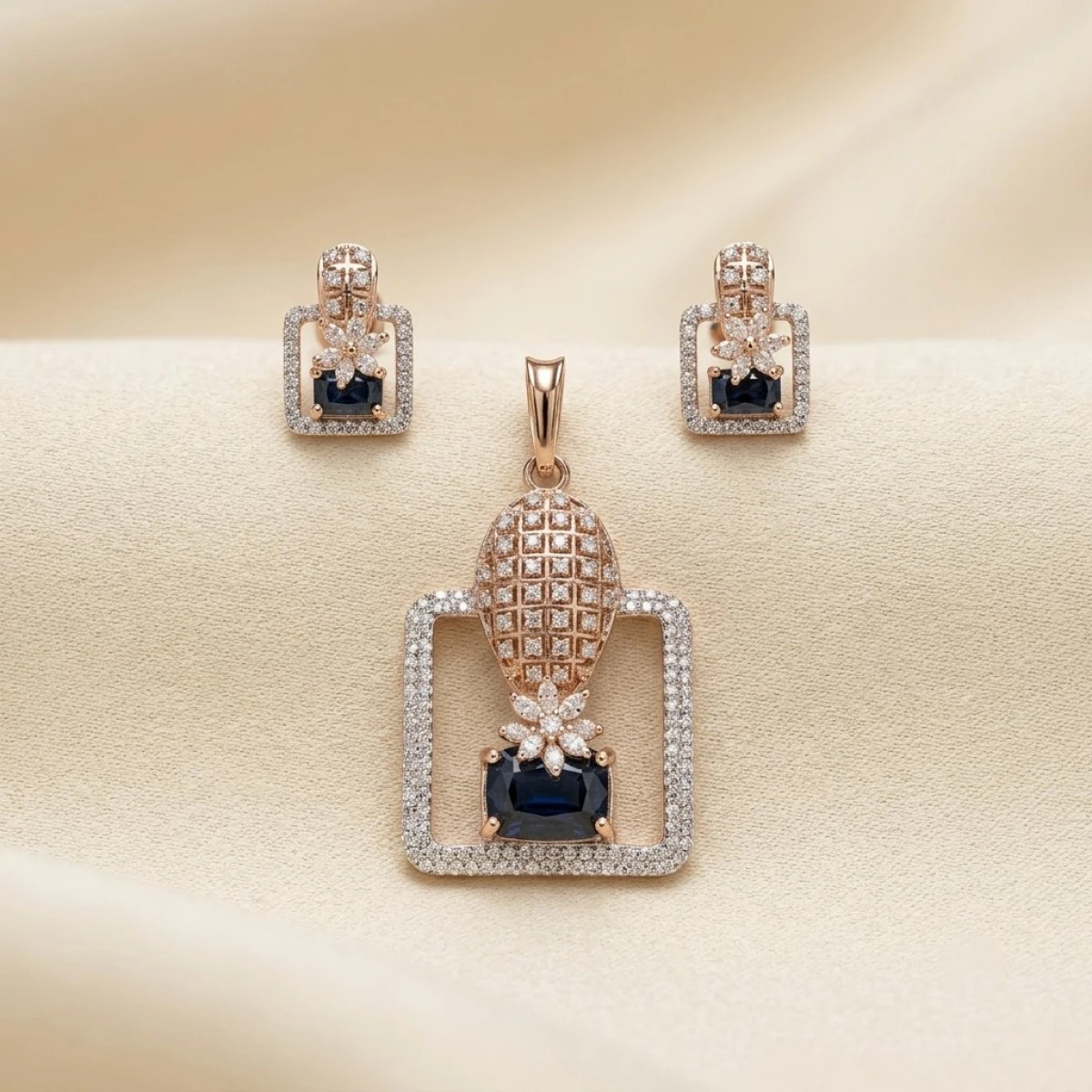 Rose Gold Blue Sapphire & Diamond Geometric Pendant & Earring Set View 1