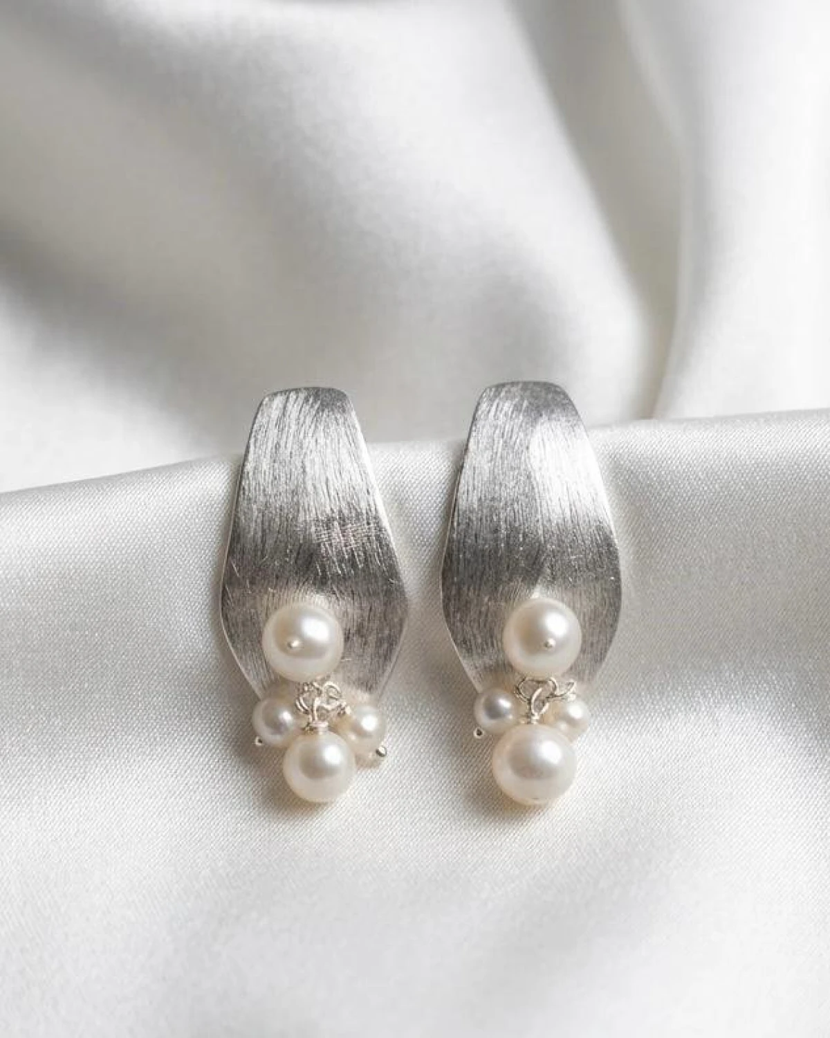 Brushed Silver Pearl Cluster Earrings