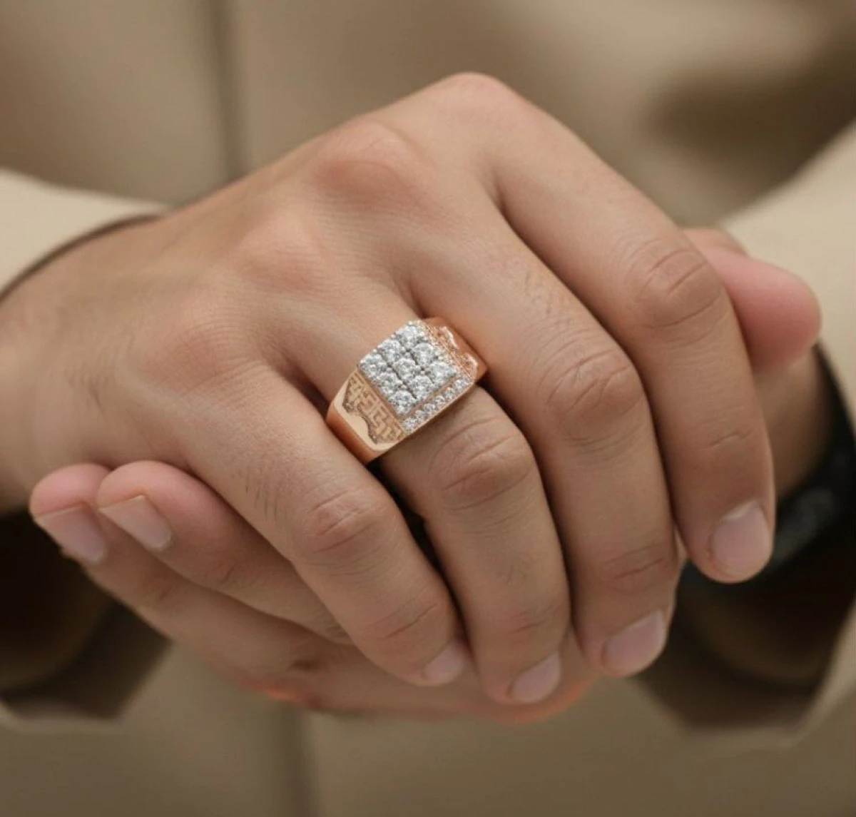 Men's Rose Gold Diamond Cluster Signet Ring
