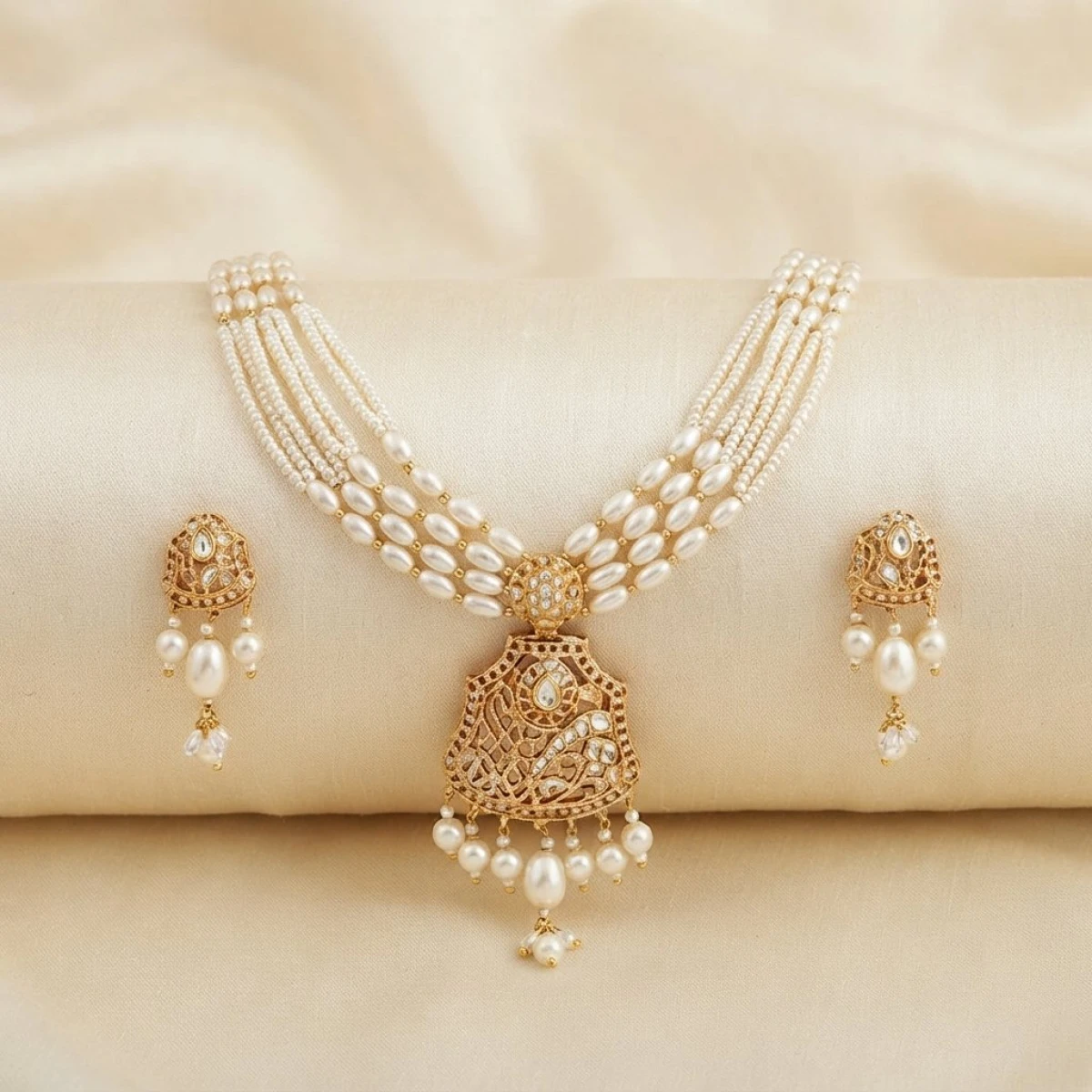 Traditional Multi-Strand Pearl Gold Necklace Set