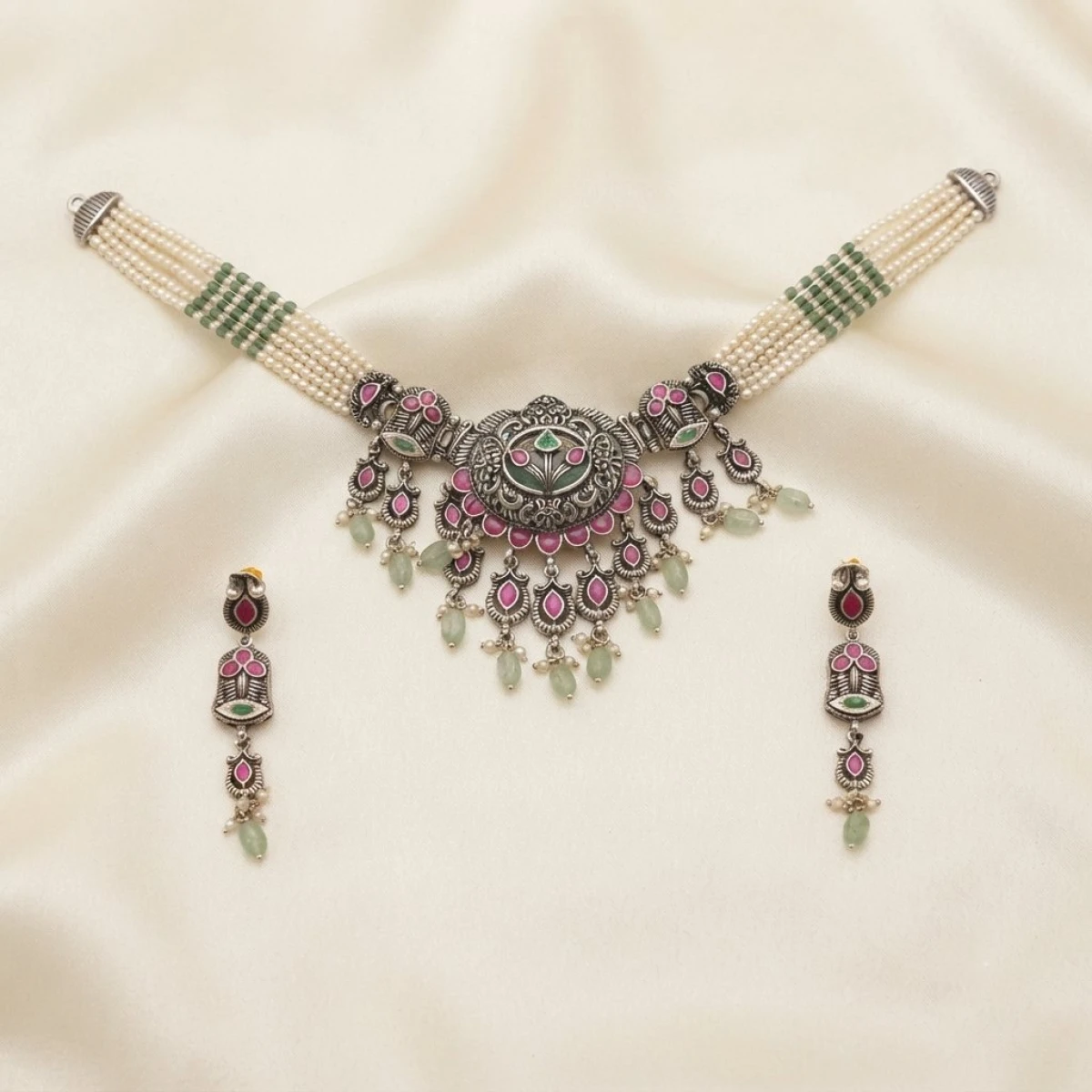 Oxidized Silver Pink & Green Stone Choker Set with Pearl Strands