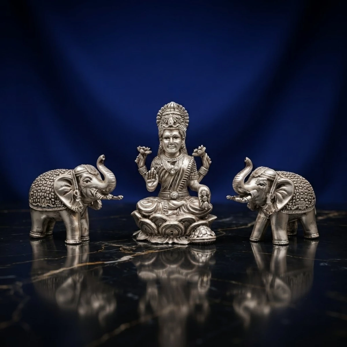 925 Silver Lakshmi Idol with Elephant Pair