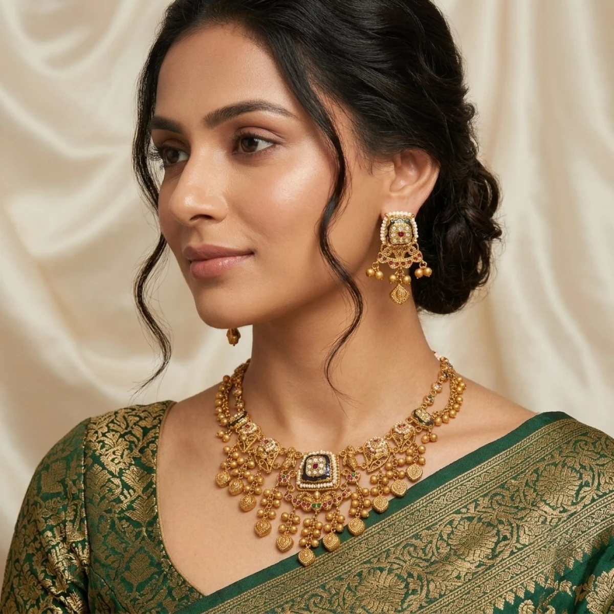 Traditional Meenakari Antique Gold Choker Set with Gemstone Drops View 2