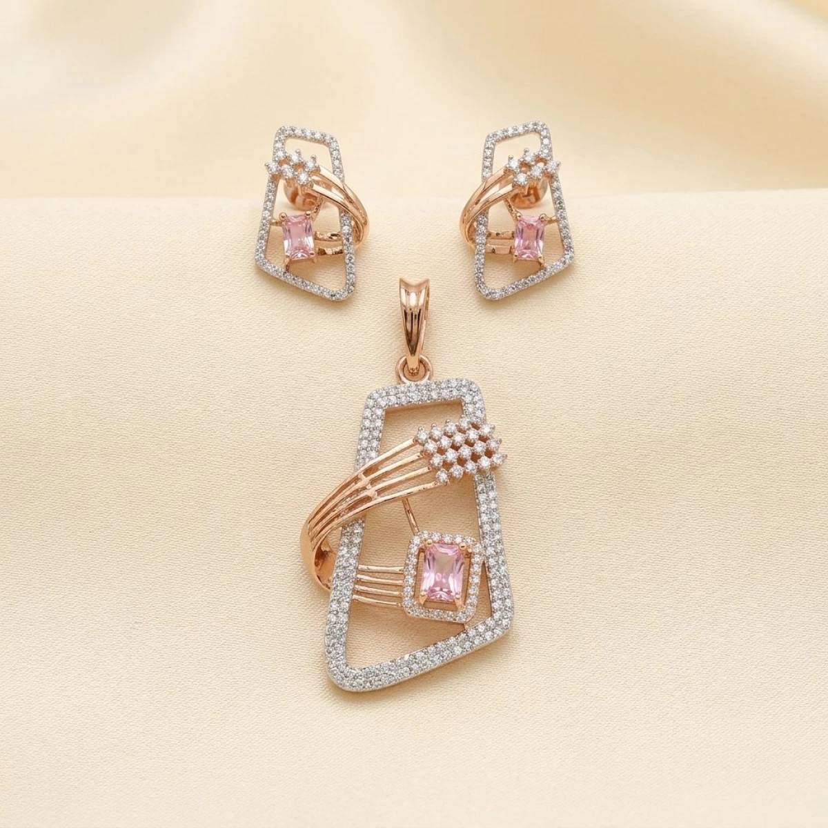 Rose Gold Pink Sapphire & Diamond Geometric Pendant & Earring Set View 1