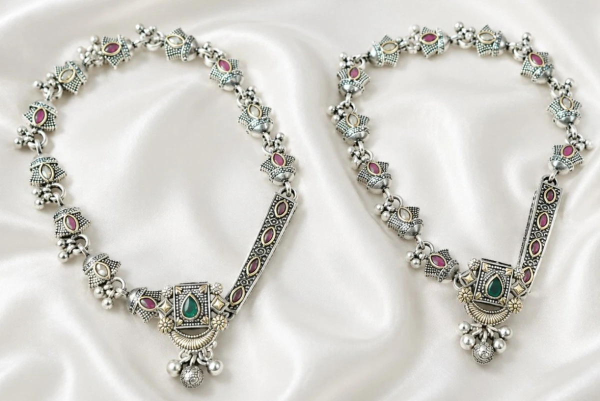 Antique Oxidised Silver Gemstone Payal Set
