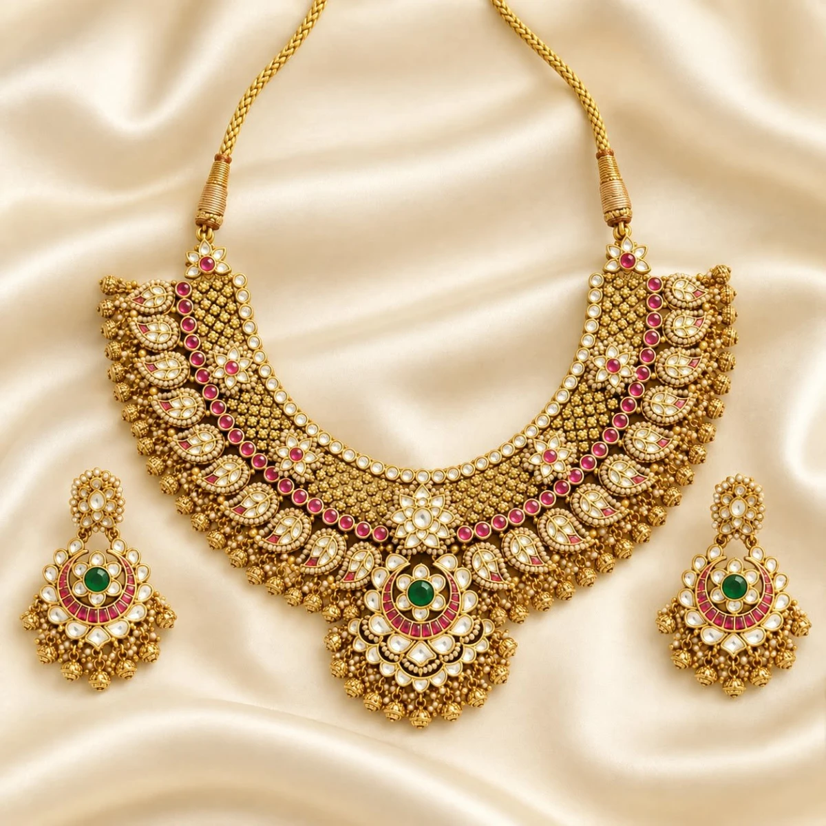 Royal Grandeur Antique Gold Polki Choker Necklace Set