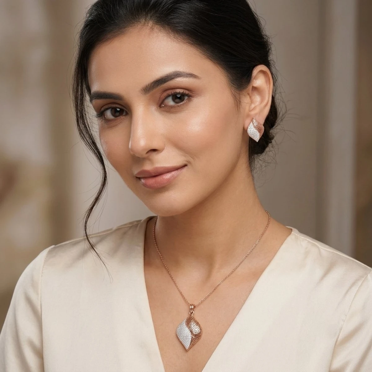 Rose Gold Dual-Tone Lattice Diamond Pendant & Earring Set View 2