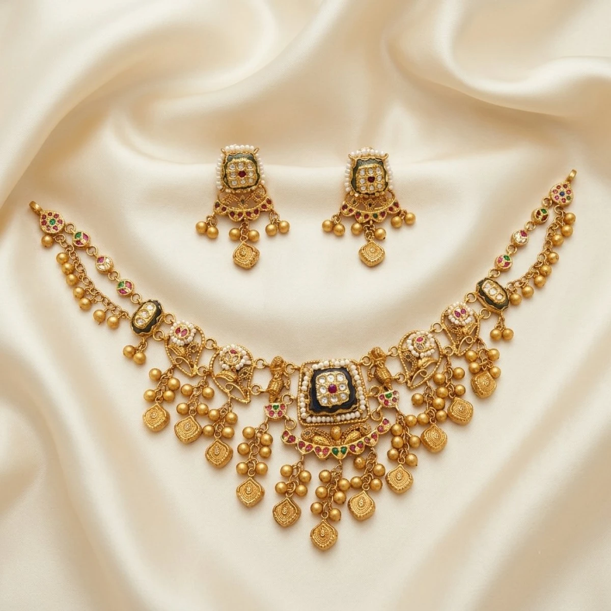 Traditional Meenakari Antique Gold Choker Set with Gemstone Drops View 1