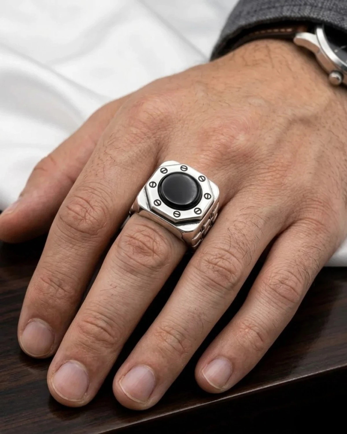 Bold Screw-Accent Black Stone Men's Ring