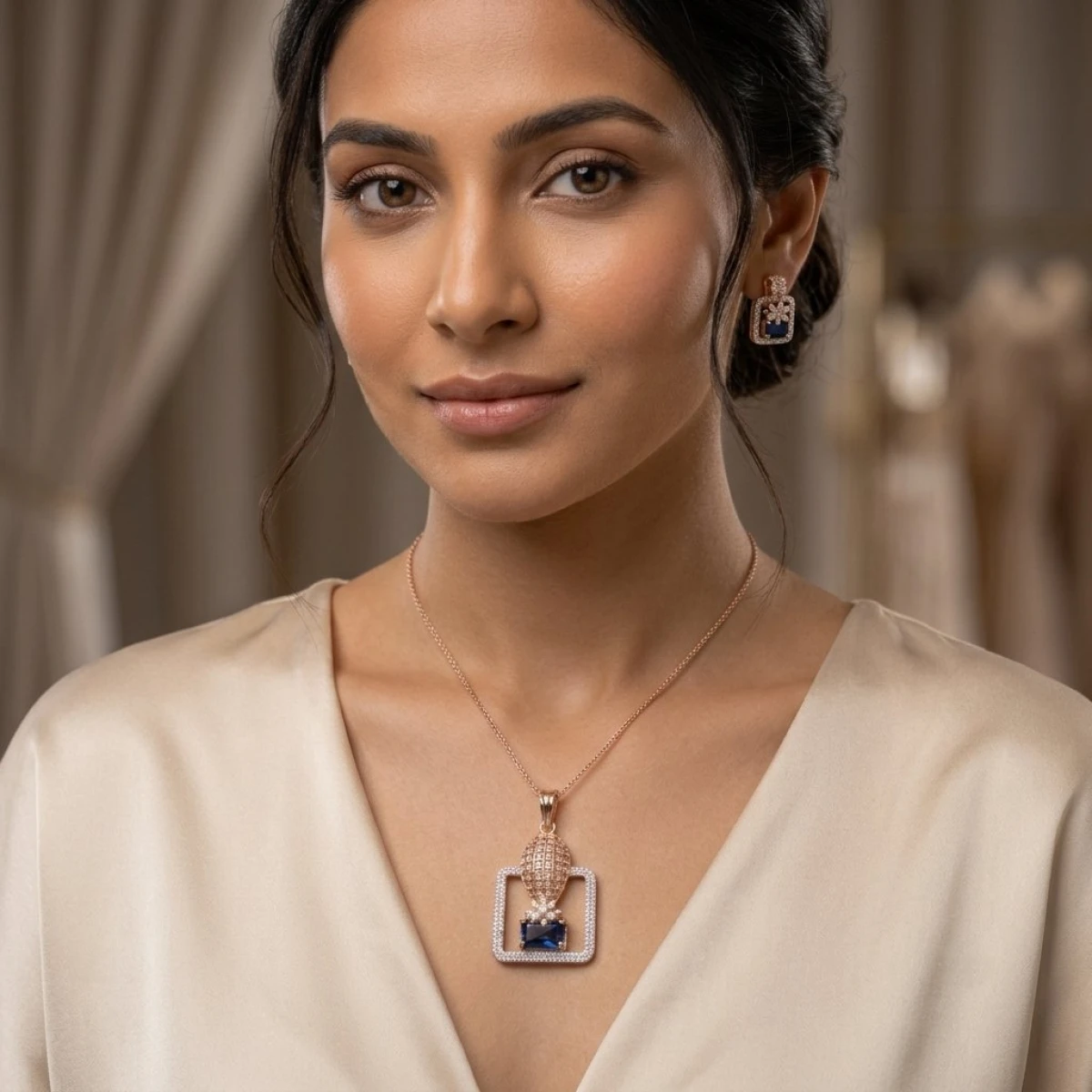 Rose Gold Blue Sapphire & Diamond Geometric Pendant & Earring Set View 2