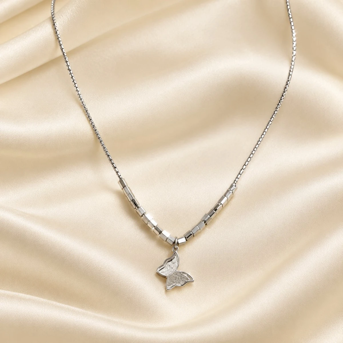 Sterling Silver Butterfly Pendant Necklace with Cube Accents