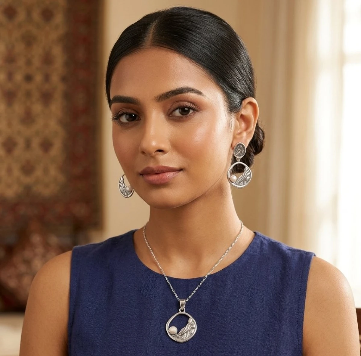 Sterling Silver Textured Wave & Pearl Jewelry Set