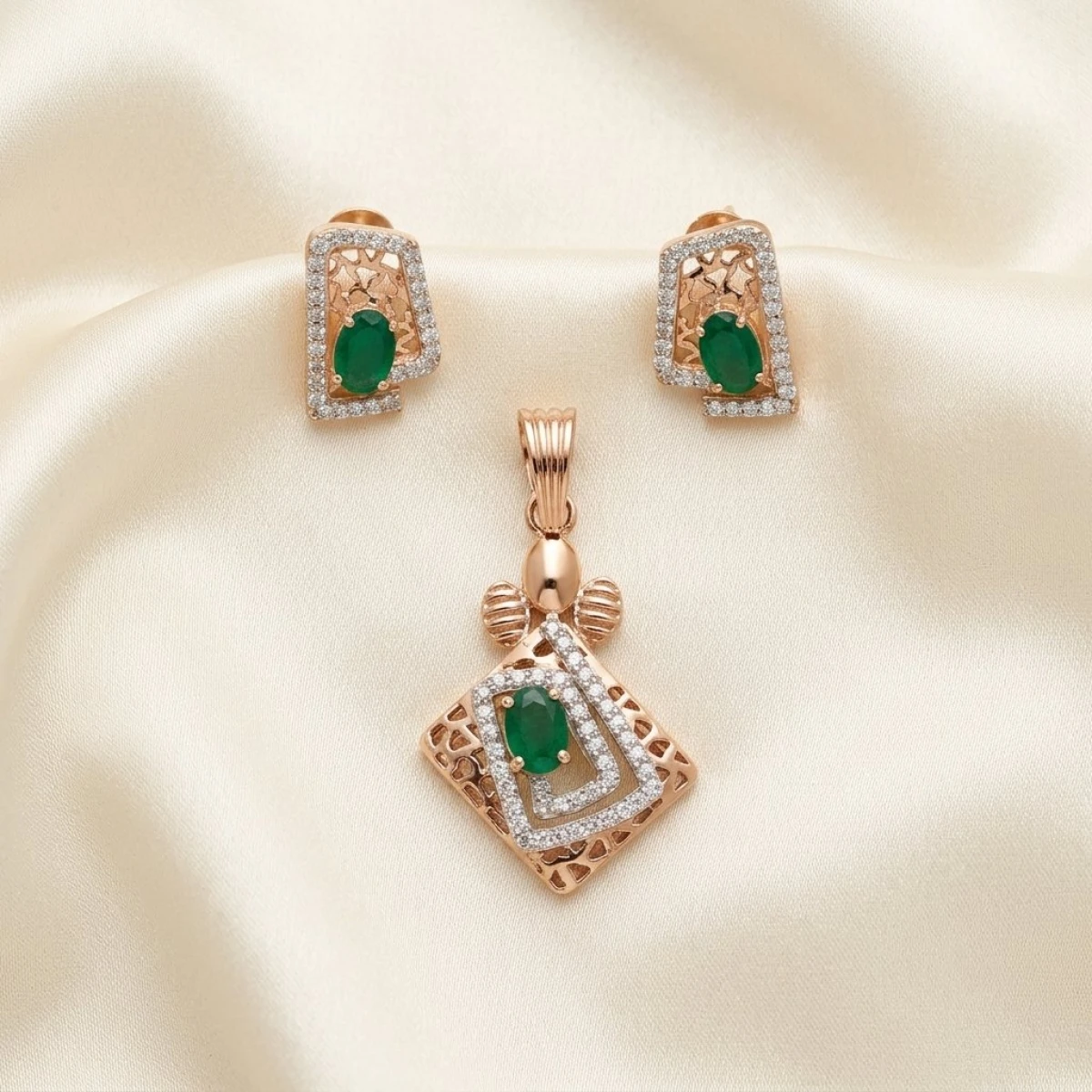 Rose Gold Geometric Lattice Pendant & Earring Set View 1