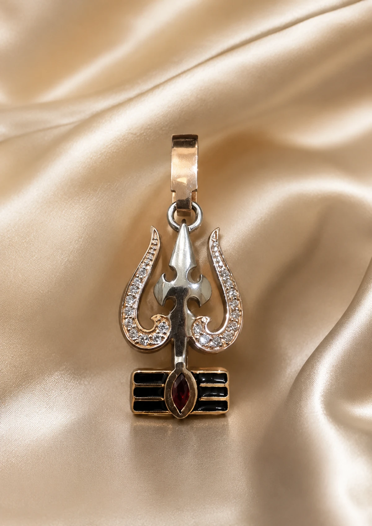 Gold Trishul Men’s Pendant with Red Stone & Black Enamel