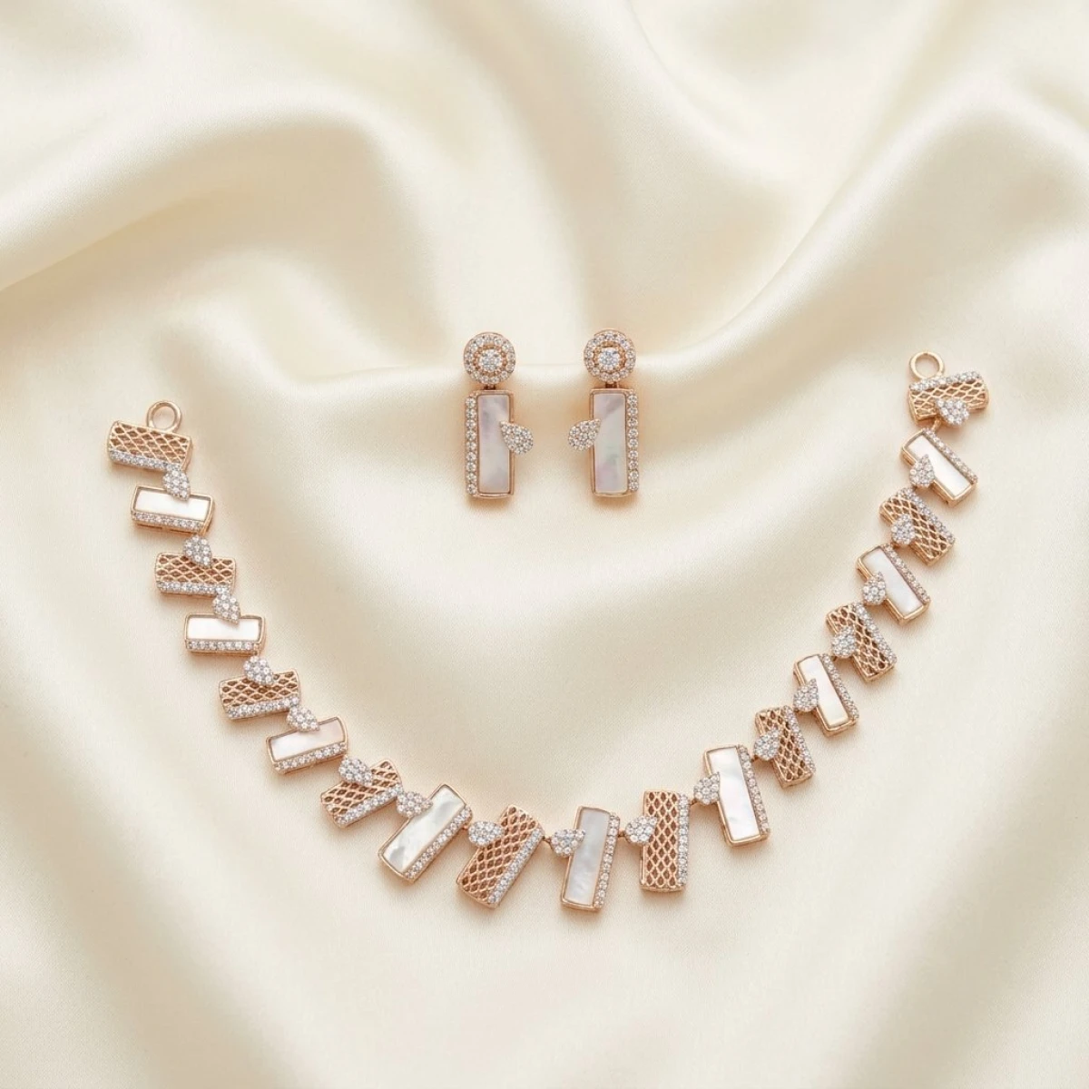 Rose Gold Mother-of-Pearl & Diamond Link Necklace & Earring Set View 1