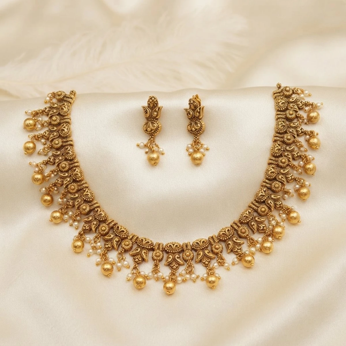 Traditional Gold Floral Filigree Choker Necklace Set with Drop Beads