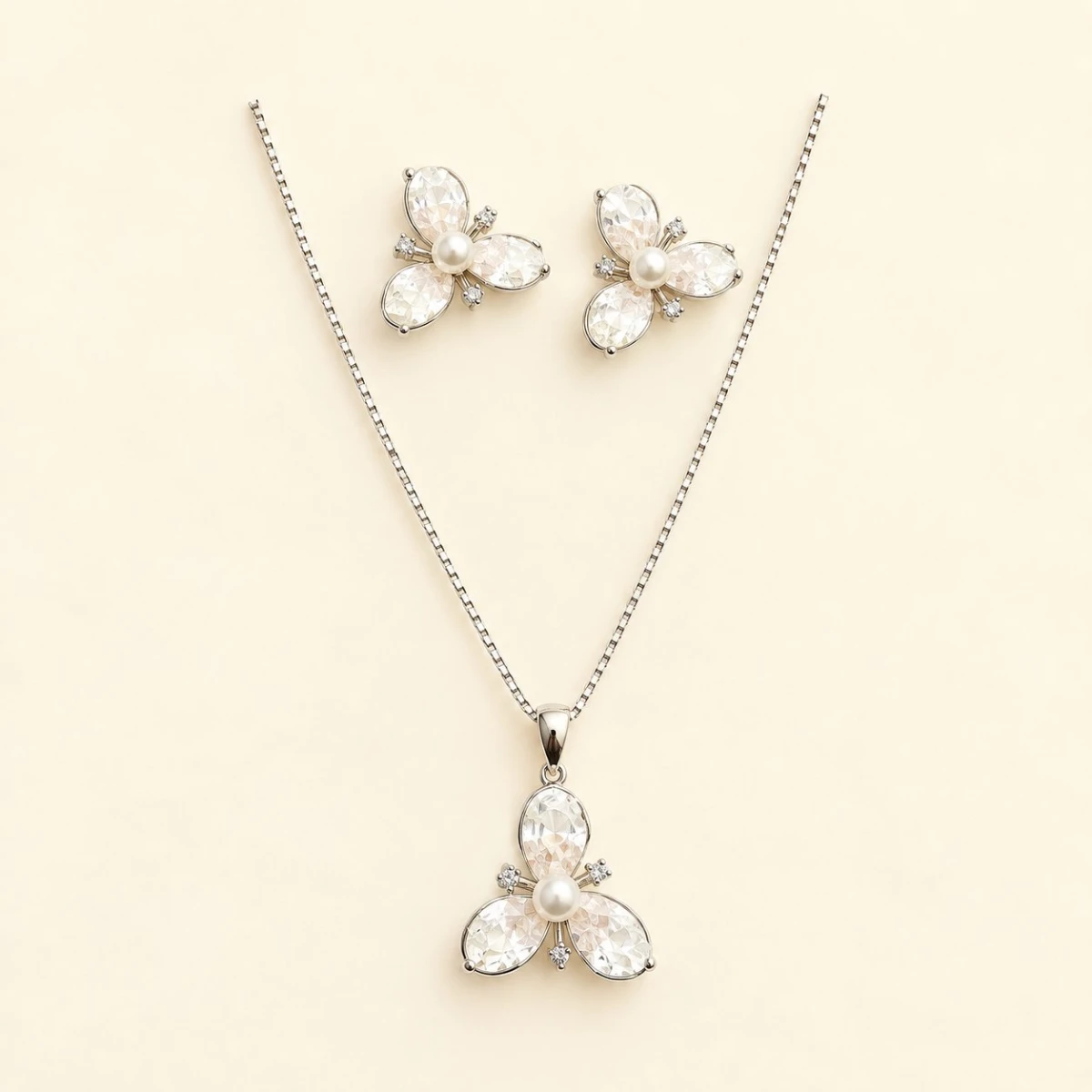 Silver Faceted Crystal & Pearl Blossom Jewelry Set
