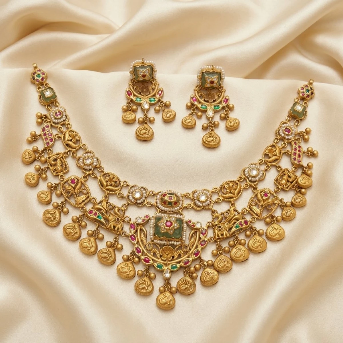Majestic Antique Gold Temple Choker Set with Emerald & Ruby Detailing View 1