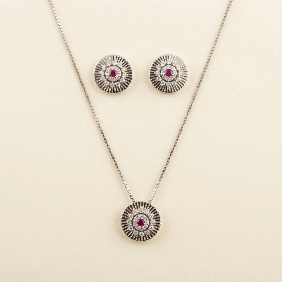 Silver Ruby & CZ Sunburst Jewelry Set