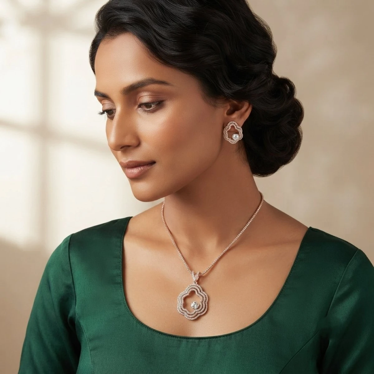 Exquisite Rose Gold Diamond Cloud Pendant and Earrings Set