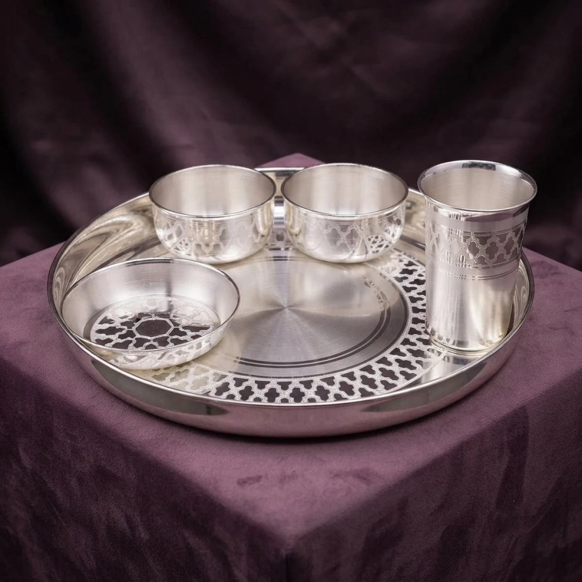 Elegant 925 Silver Dinner Thali Set