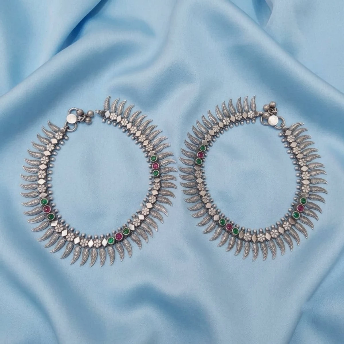 Antique Oxidized Silver Leaf & Gemstone Anklet Pair