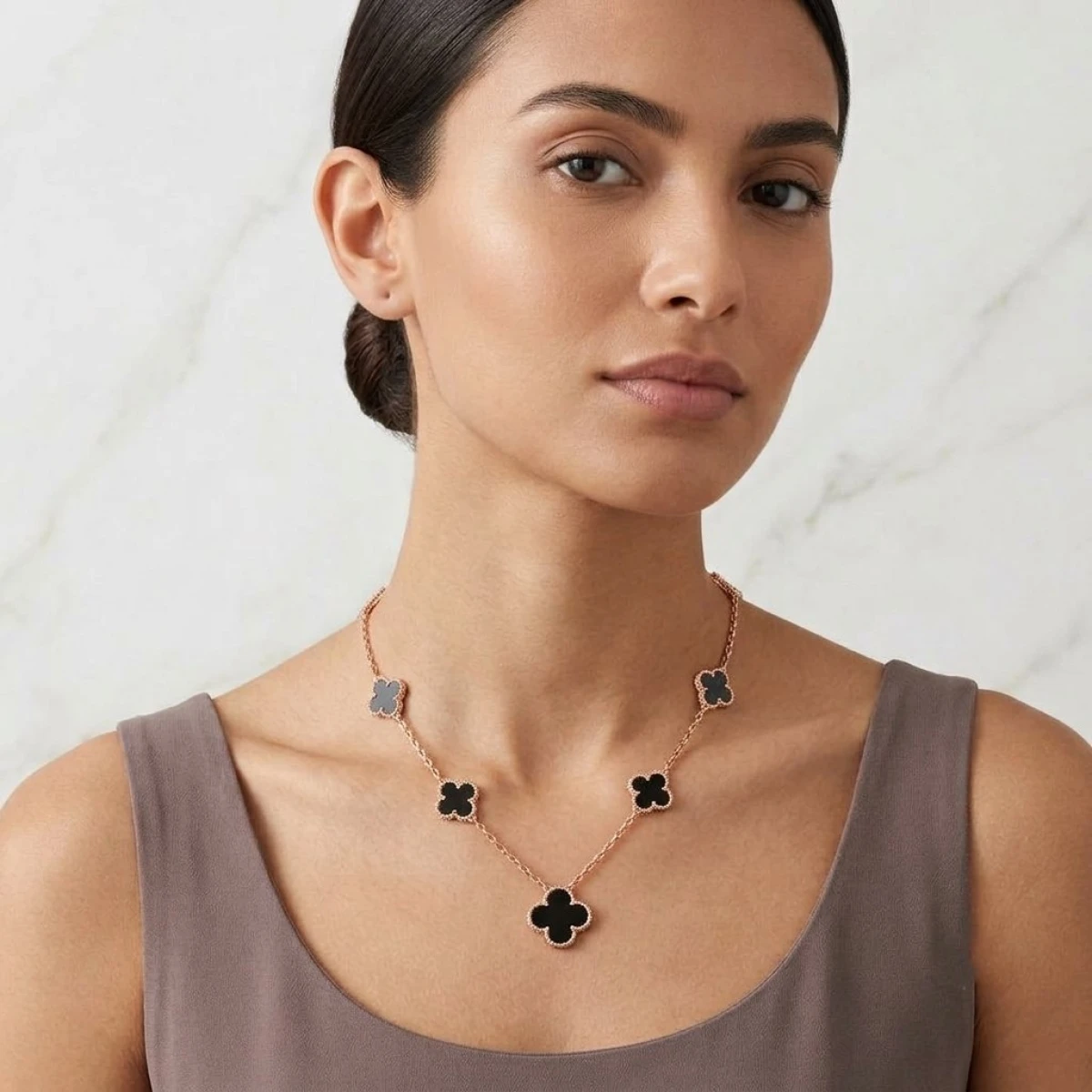 Gold Black Onyx Clover Motif Station Necklace