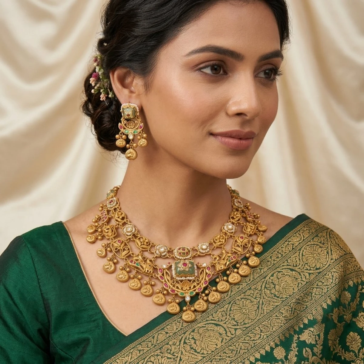 Majestic Antique Gold Temple Choker Set with Emerald & Ruby Detailing View 2