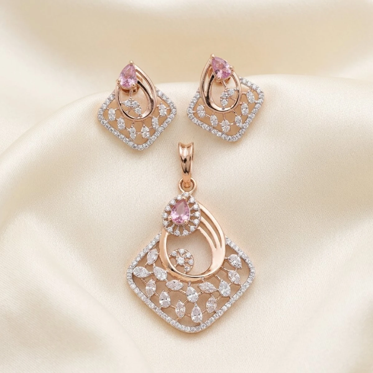Rose Gold & Diamond Floral Square Jewelry Set (Pendant & Earrings) View 1
