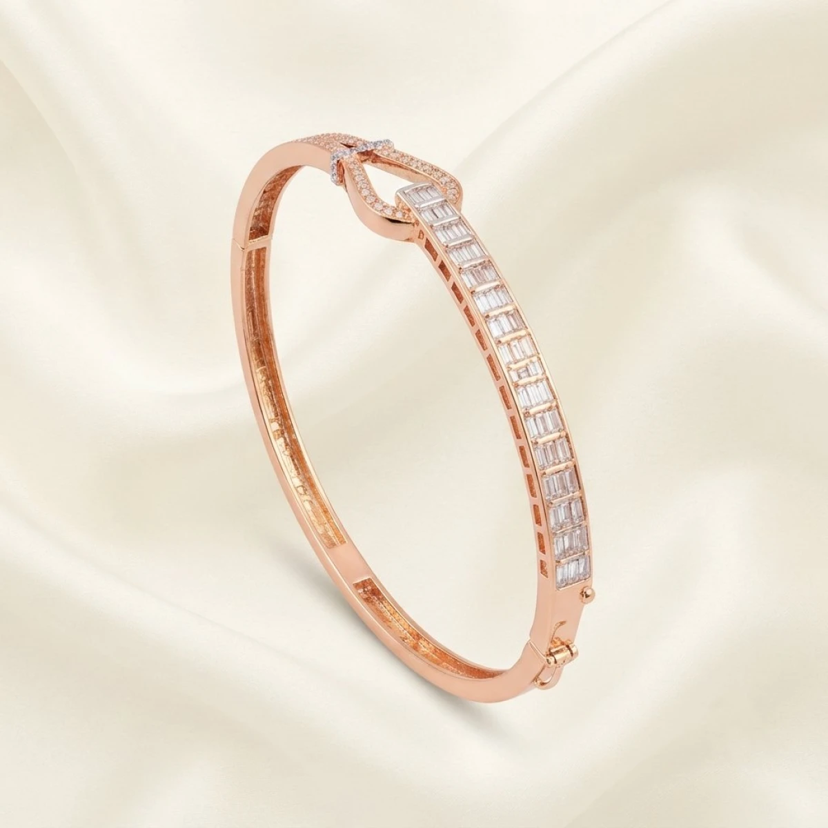 Heart-Motif Baguette Rose Gold Bangle
