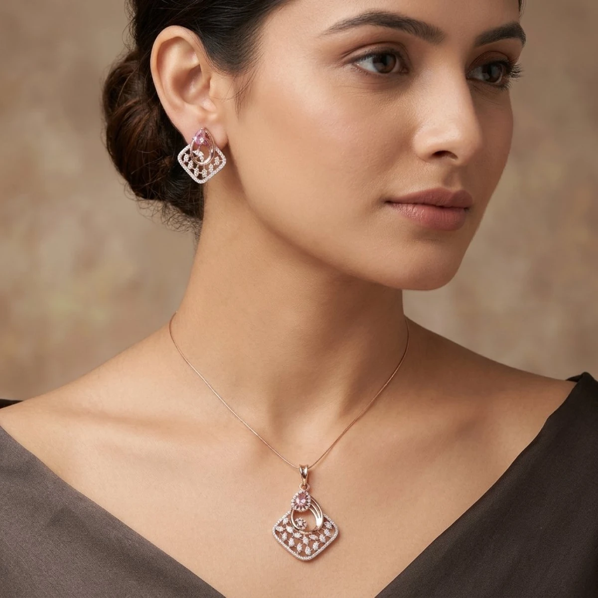 Rose Gold & Diamond Floral Square Jewelry Set (Pendant & Earrings) View 2