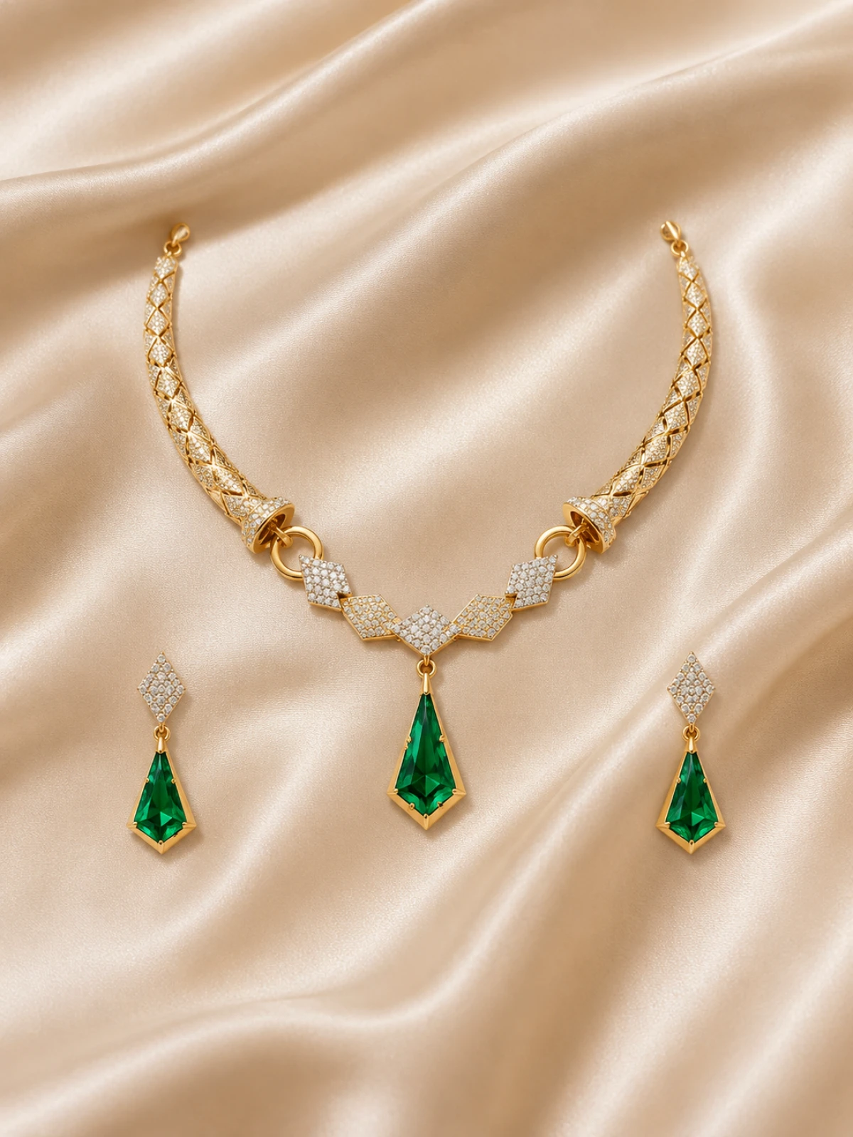 Gold Diamond Green Emerald Women’s Half Set – Necklace & Earrings