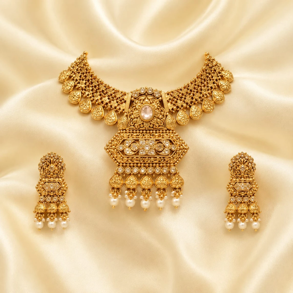 Gold Women’s Traditional Pearl Drop Necklace & Earrings Half Set