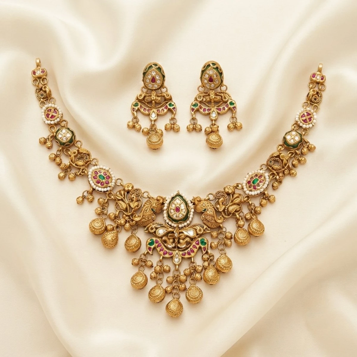 Antique Gold Peacock Choker Set with Meenakari & Gemstone Drops View 1