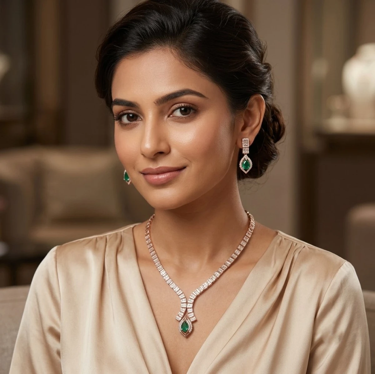 Rose Gold Emerald & Baguette Diamond Necklace & Earring Set View 2