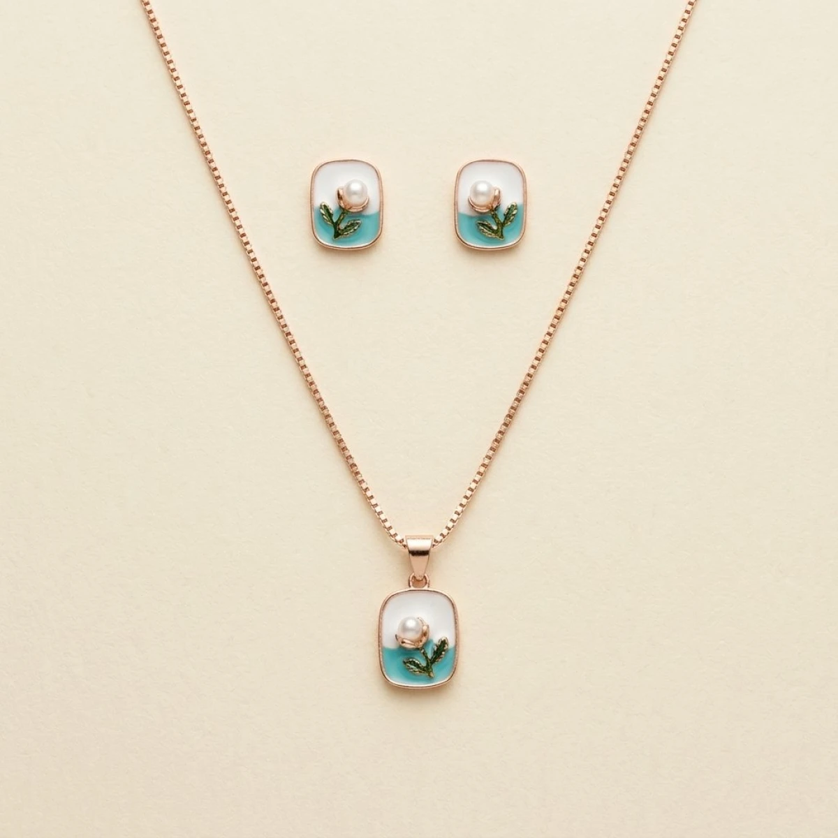 Silver Enamel Floral Pearl Pendant & Earrings Set
