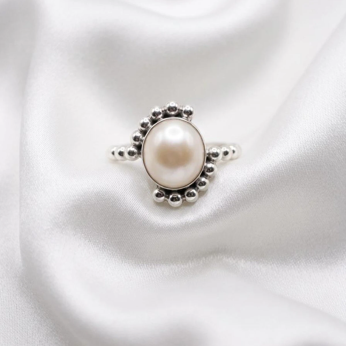 Beaded Pearl Silver Ring