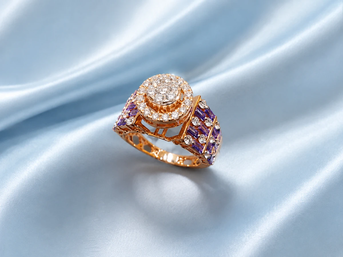 Elegant Women’s Diamond Ring with Purple Stone Accents