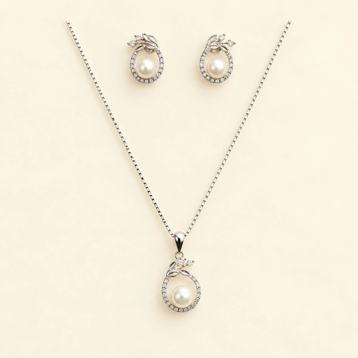 Silver Pearl & Pave Leaf Pendant & Earrings Set