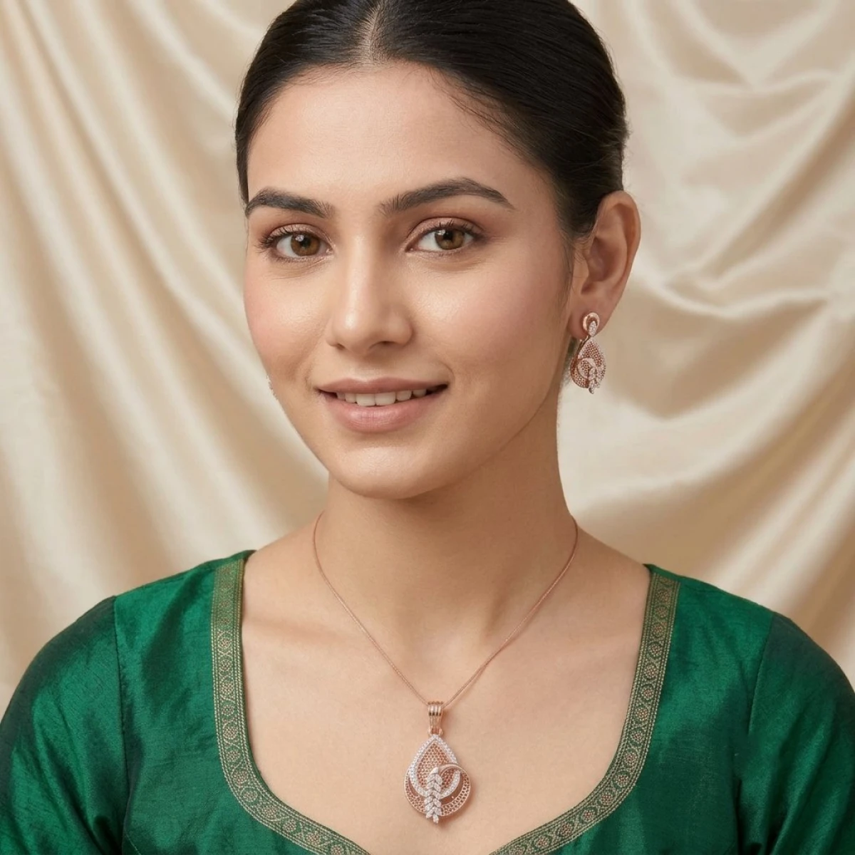 Elegant Rose Gold CZ Pendant Set with Leaf Motif View 2