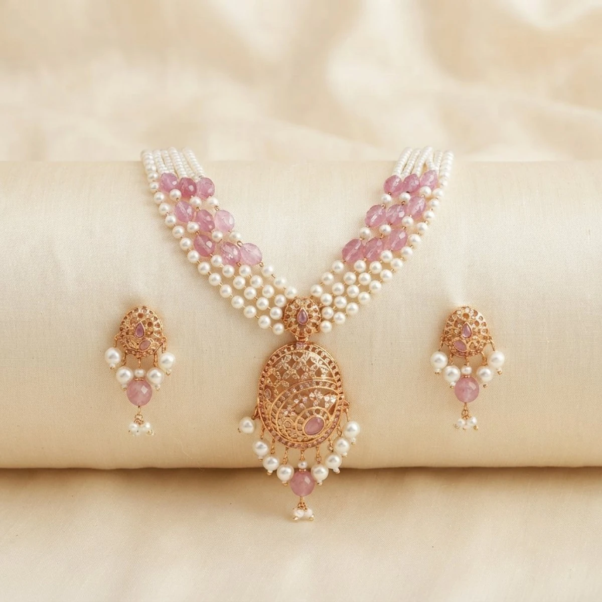 Traditional Gold Pearl and Pink Stone Necklace Set