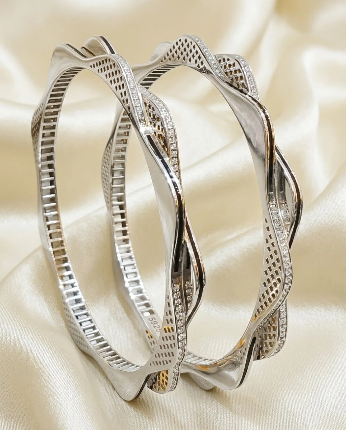 Elegant Wavy Silver & Cubic Zirconia Bangles Pair View 2