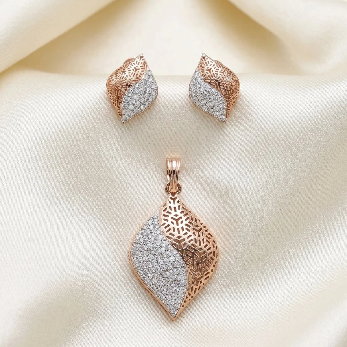 Rose Gold Dual-Tone Lattice Diamond Pendant & Earring Set View 1