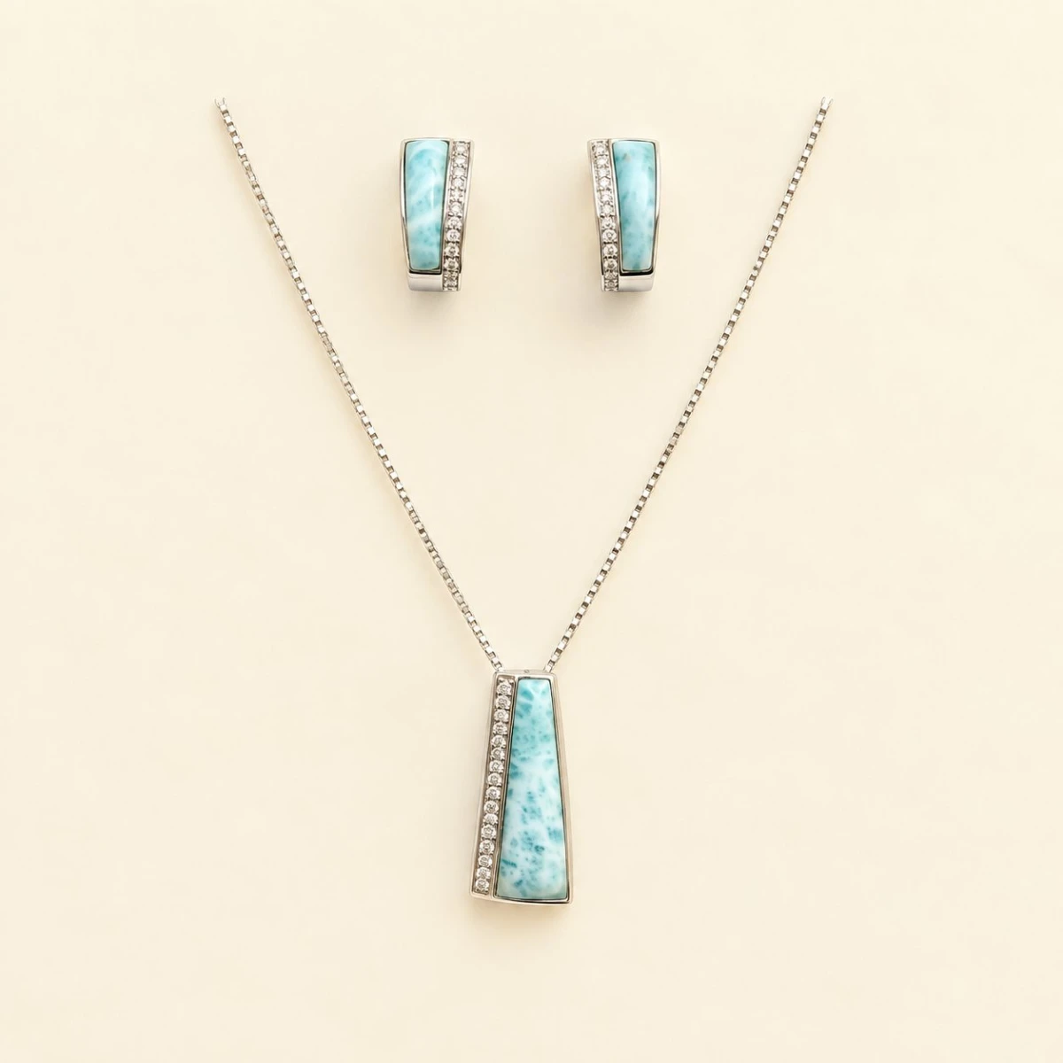 Silver Larimar Trapezoid Pendant & Hoop Earrings Set