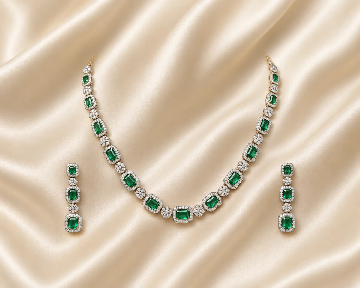 Elegant Emerald Green Diamond Half Set for Women