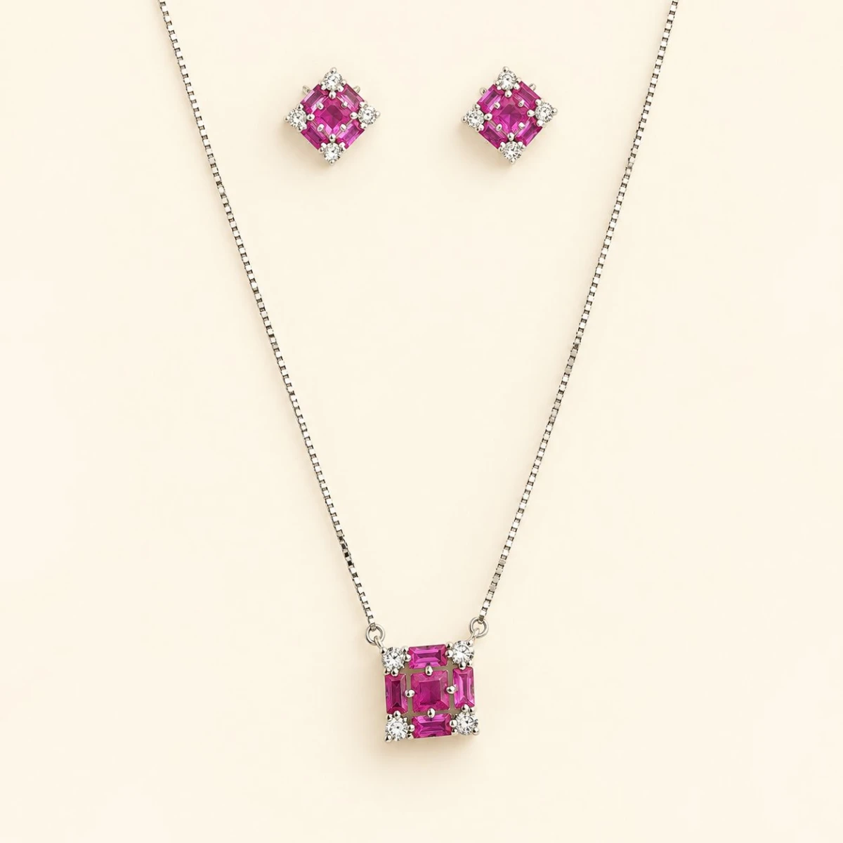 Silver Magenta Crystal Cluster Jewelry Set