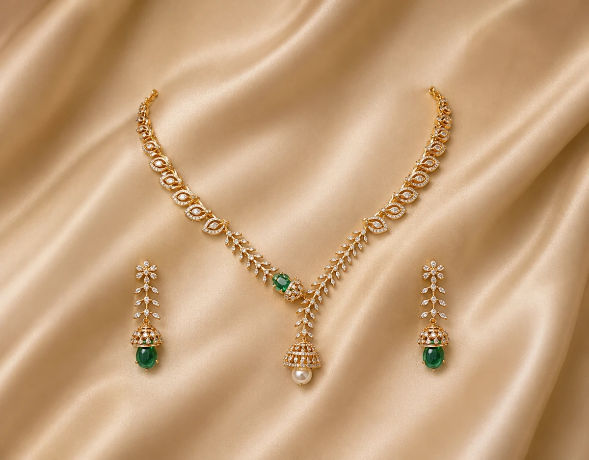 Gold Diamond Green Emerald & Pearl Women’s Half Set – Necklace & Earrings