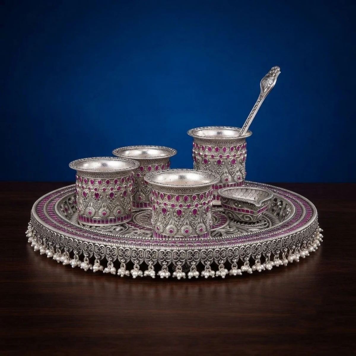 925 Silver Royal Pooja Thali Set with Ruby Stones